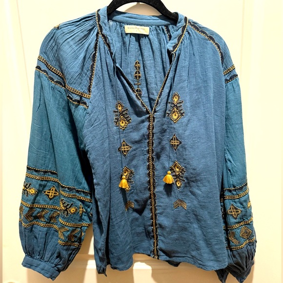 Embroidered Blue Peasant Blouse with navy & gold embroidery - maison hotel - S - Picture 1 of 3
